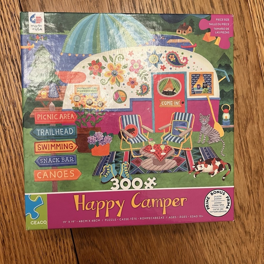 Ceaco Happy Camper Cats Boho Camper 300 Piece Puzzle Complete Oversized Pieces